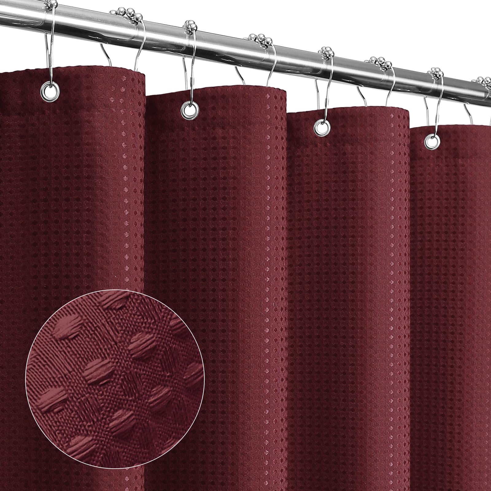 Gibelle Burgundy Red Shower Curtain, Waffle Weave Textured Fabric Shower Curtain for Bathroom - Soft Cloth & Hotel Spa Luxury, Water Repellent,
