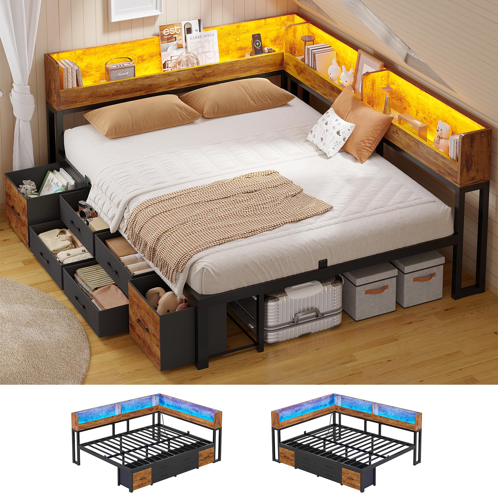 MSmask Queen Corner Bed Frame with Bookcase Storage