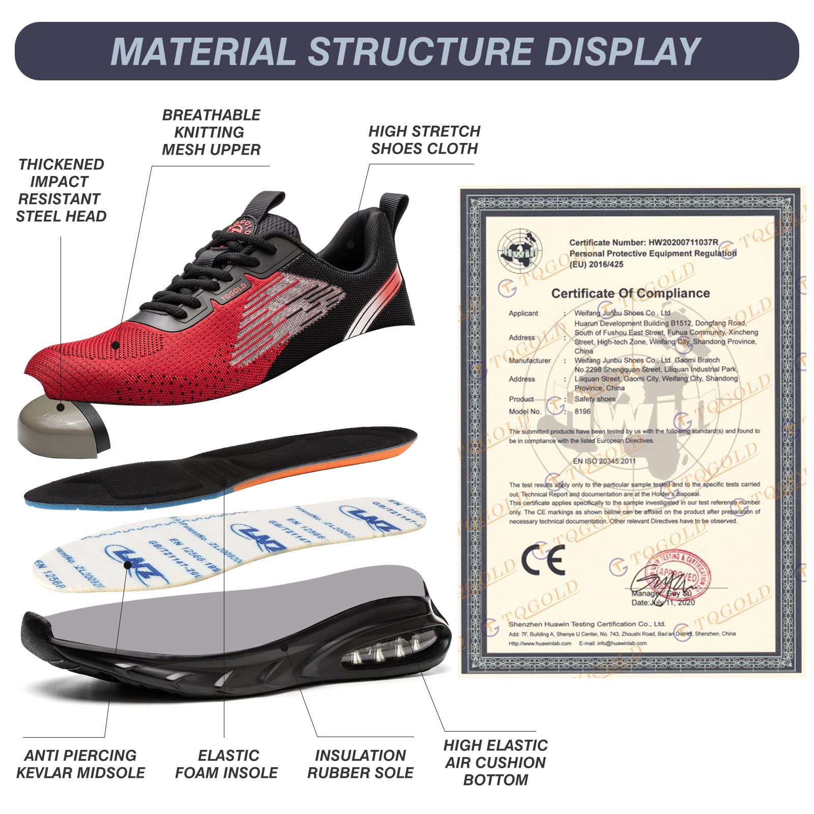 TQGOLD Scarpe Antinfortunistiche Scarpe da Ginnastica Unisex Leggere Antiperforazione Punta in Acciaio Comode Scarpe Sicurezza