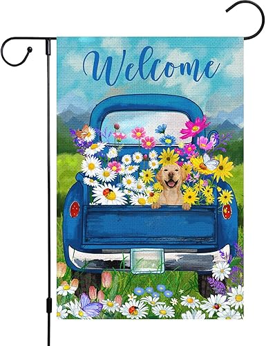 Bandera de bienvenida para jardín de primavera de 12 x 18 pulgadas doble cara arpillera pequeña vertical camión de resorte floral banderas de jardín