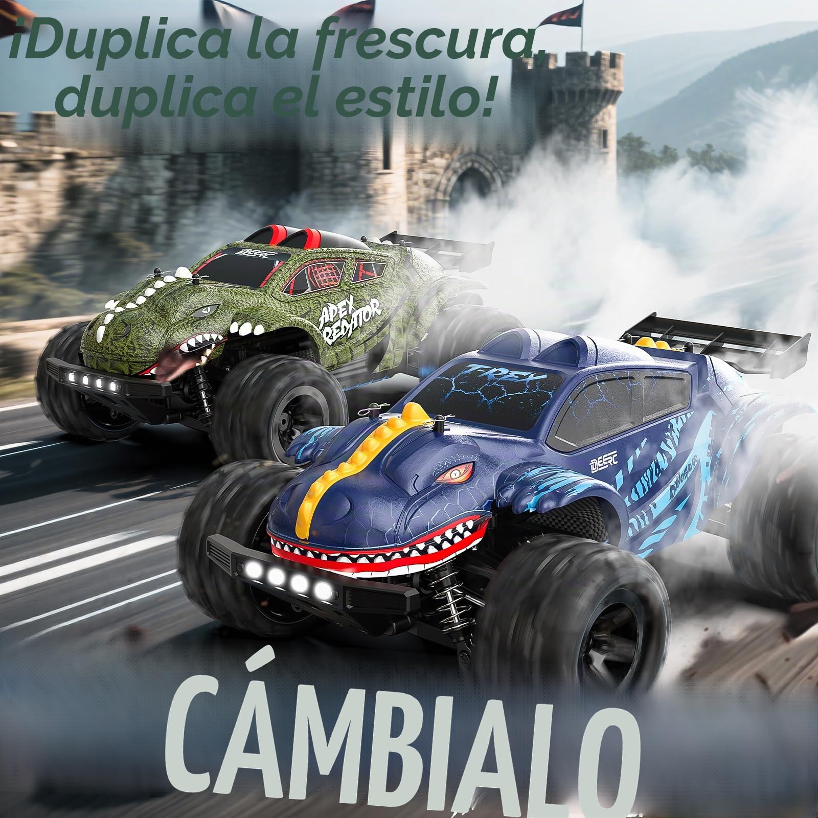 DEERC 9308E 1:16 Coche Teledirigido Monster Truck Rápido 40 KM/H, Camión RC Dinosaurio 4 Ruedas Motrices Alta Velocidad, Coche RC Todo Terreno 2,4 GHz con 2 Baterías y 2 Carcasas para Niños