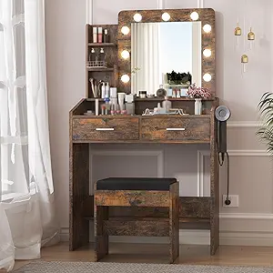 Garveehome Vanity Desk with Mirror and Lights, Makeup Vanity with Power Outlet & Cushioned Stool, 3 Lighting Modes Adjustable Brightness, Dressing Table with Hairdryer Holder for Bedroom, Rustic Brown