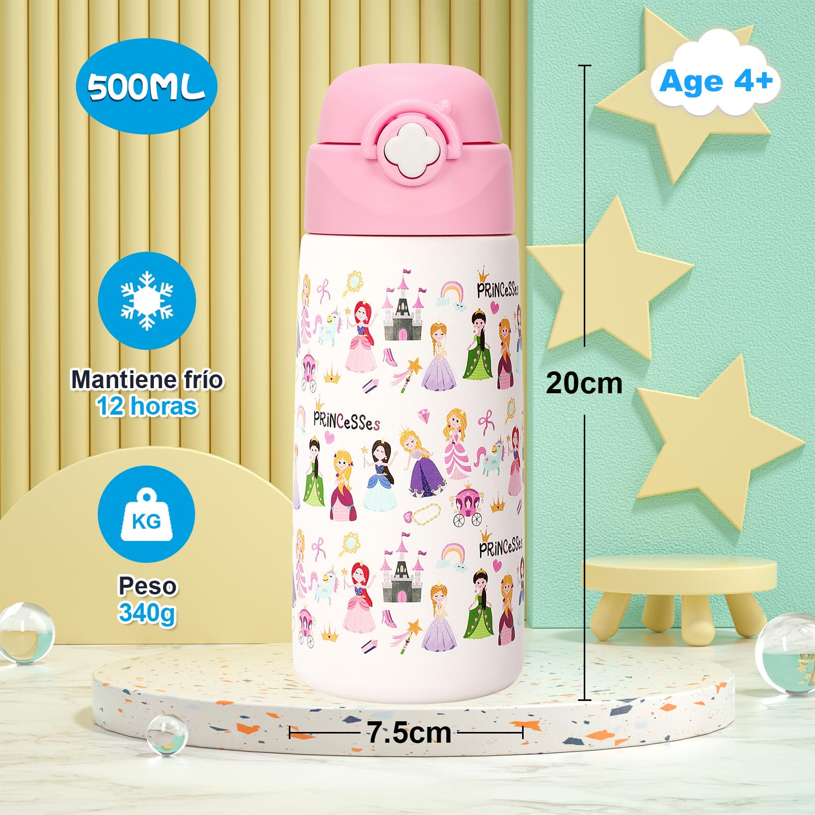 Botella De Agua Aislada Para Niños Con Pajita Desplegable,500 Ml,taza Infantil De Acero Inoxidable,a Prueba De Fugas-sin Bpa,para La Escuela,niñas（Princesa）