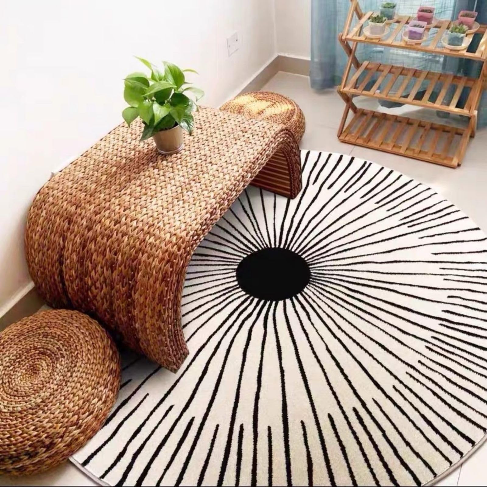 Freyamy Rund Teppich 120cm Hochflor Geometrisch Streifen Plüsch Flauschig Teppich Waschbar Modern Wohnzimmer Schlafzimmer Dekorative Küche Fußmatte Haustierteppich