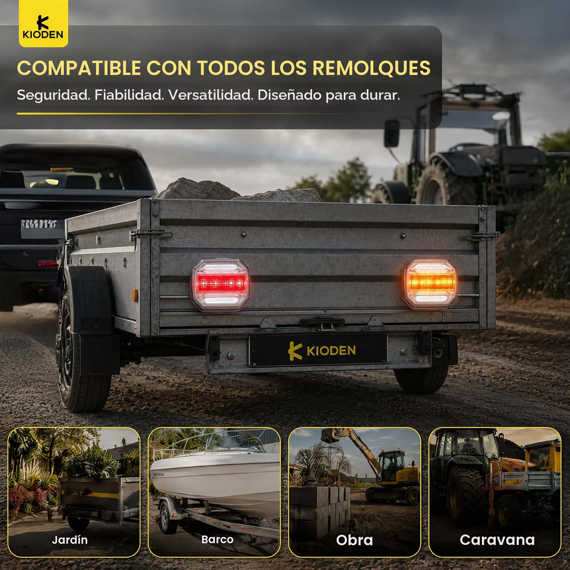 KIODEN Pilotos Traseros Remolque LED Inalámbricos, Fijación Magnética | Kit Luces Homologadas Recargables 10h IP65 12V, Adaptador Enchufe 7 a 13 Pines Incluido, Caravana, Anticaída