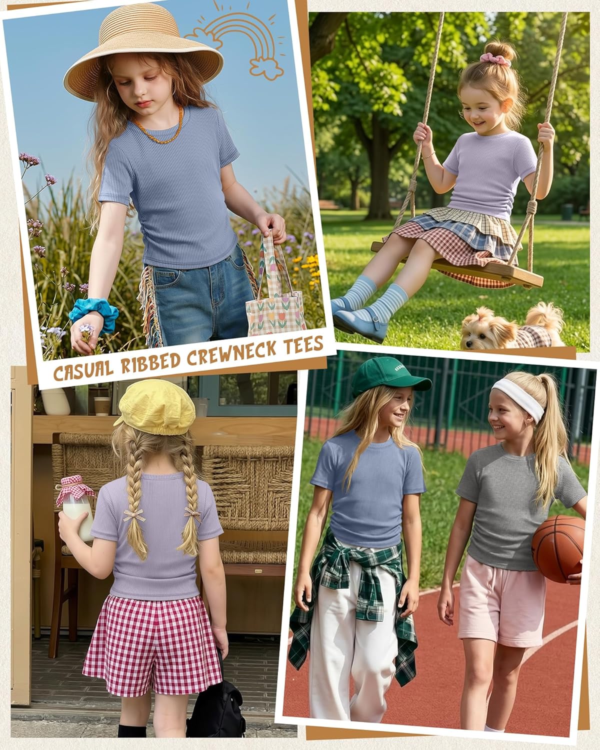 3 Pack Girls Short Sleeve Shirts Cotton Ribbed Knit Slim Fit Tops Crew Neck Basic Side Ruched Clothes for Teen Girl - Image 2