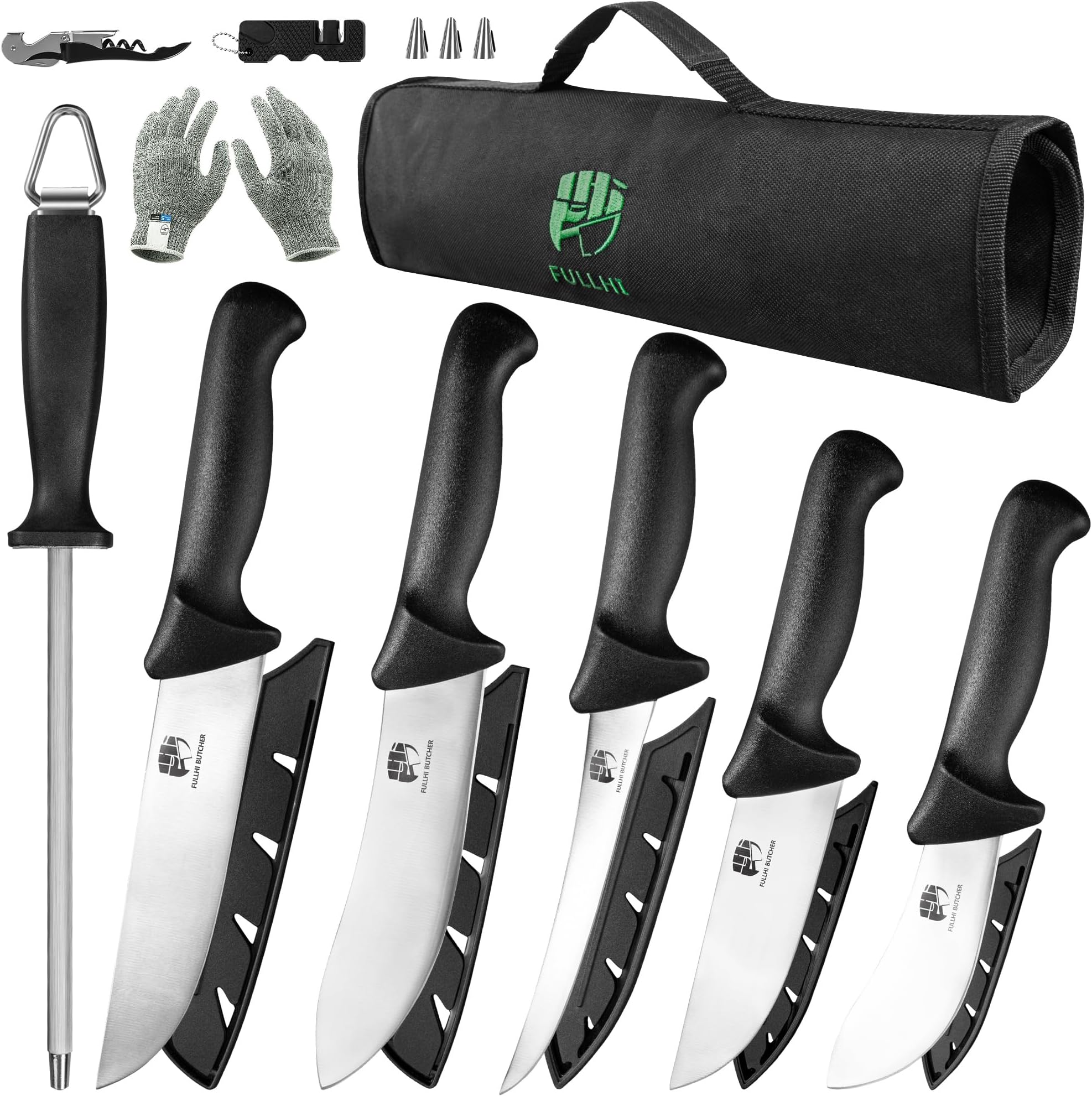 FULLHI 11PCS Butcher Knife Set, Non-slip butcher boning knife German Stainless Steel Chef Knife Set,Meat Processing Set for Home Kitchen,Slaughterhouse And Restaurant
