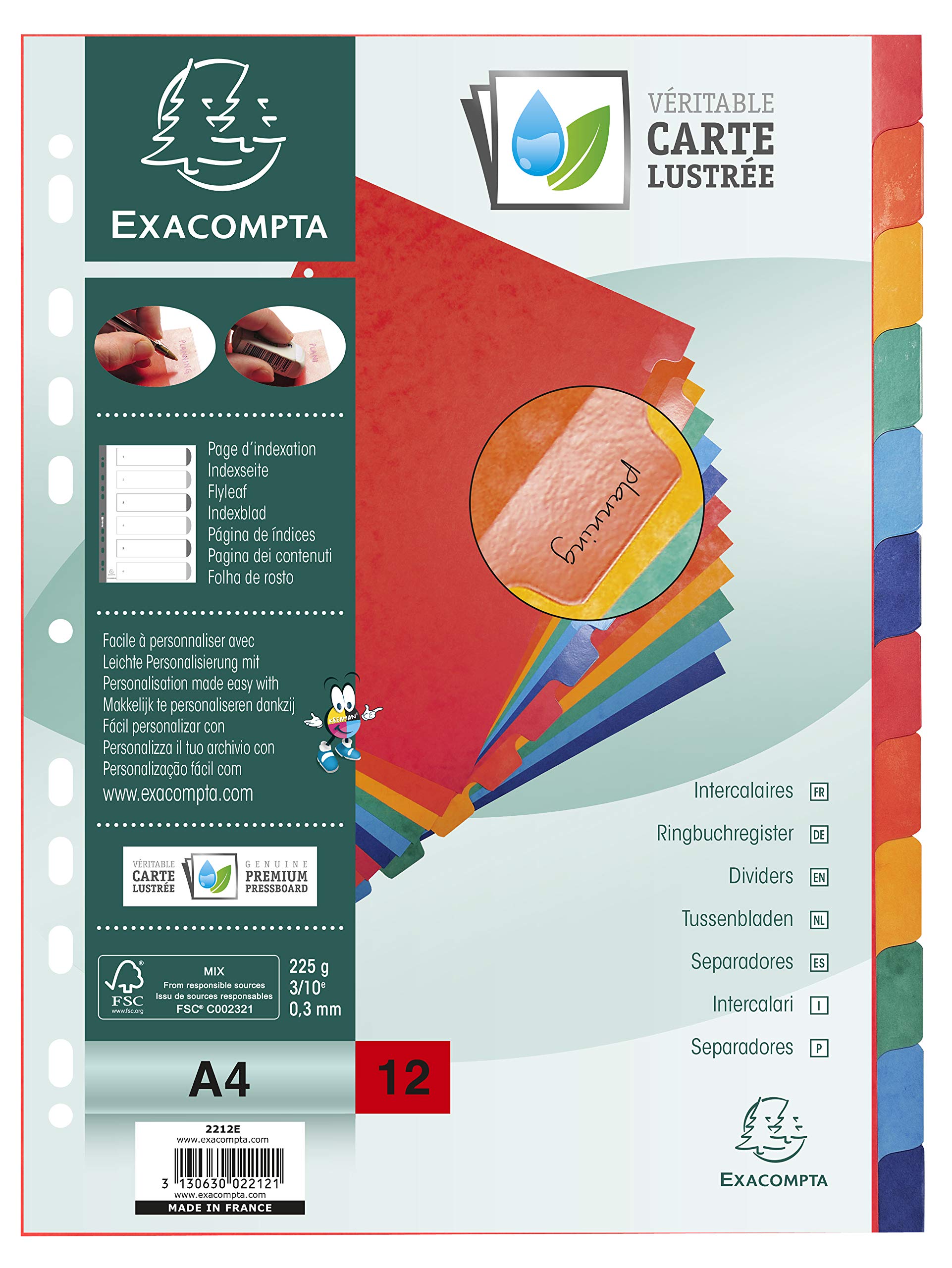 Exacompta Divisori A4, 225 g/mq, 12 pezzi, multicolore