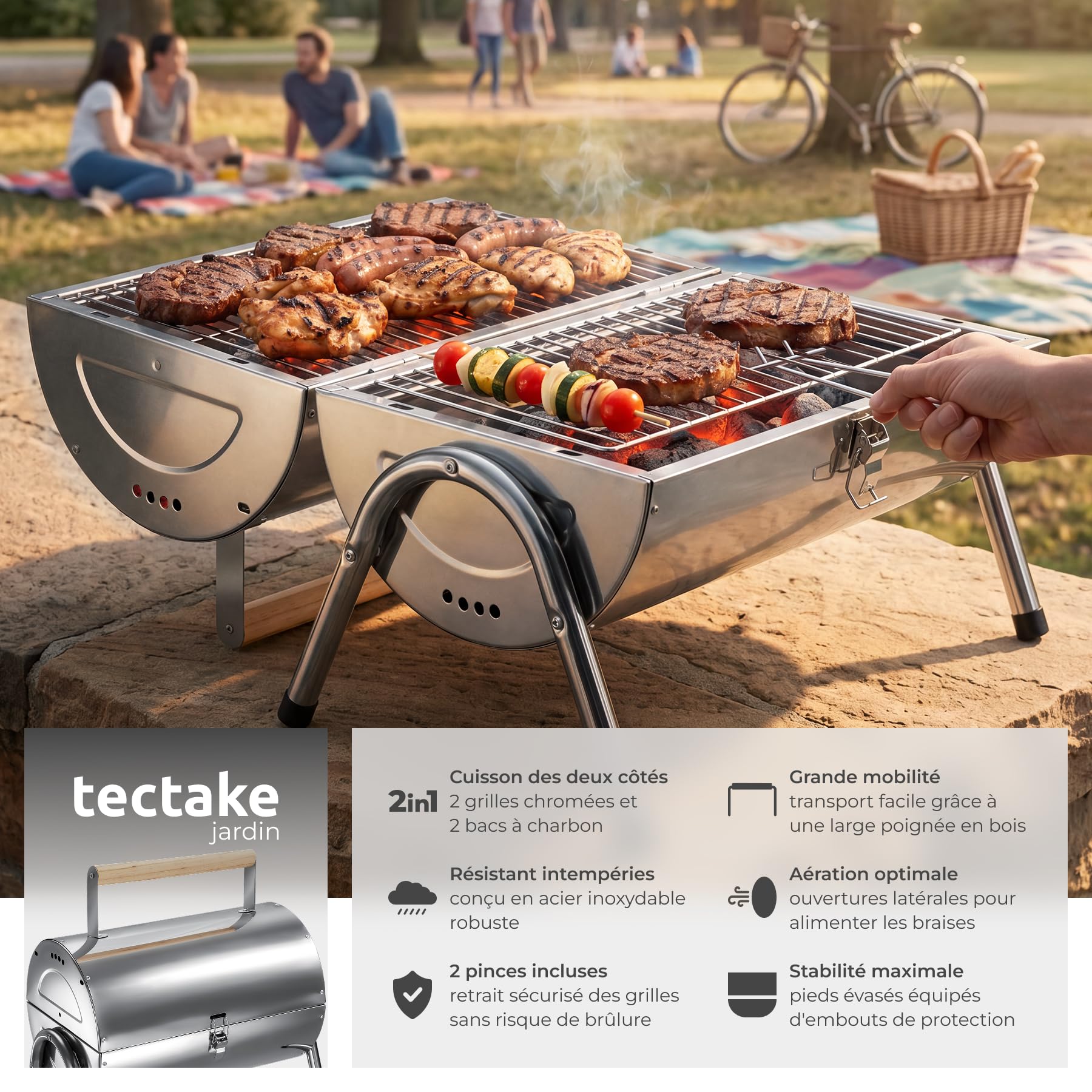 tectake® Barbecue portable avec double surface de cuisson, 42x30.5x44 cm | Acier inox, Couvercle pratique, Poignée en bois, Trous d'aération, Bacs à charbon amovibles, Pinces pour grille, Stabilité