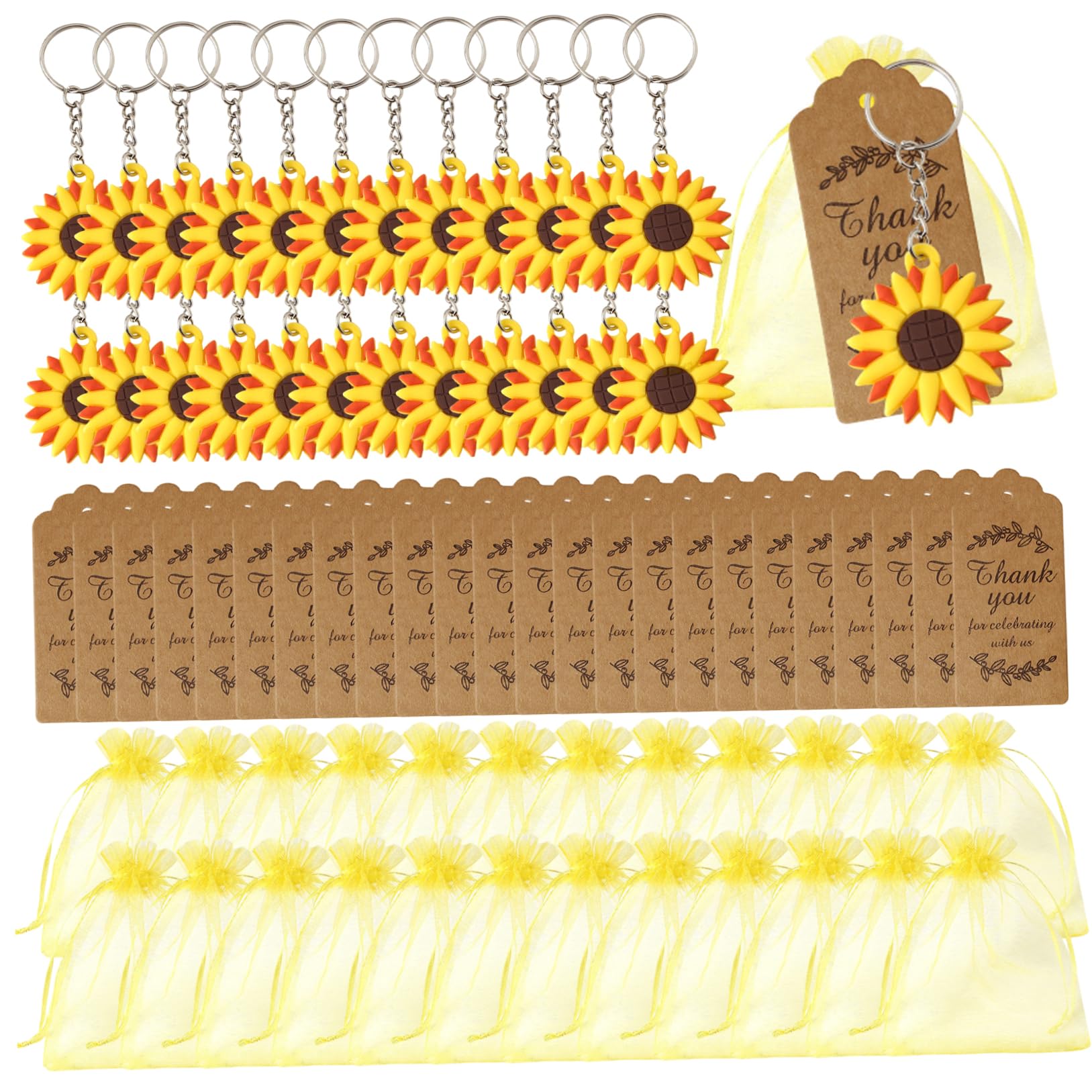 Awnsimfreien Unisex Infant Yellow Sunflower Party Favors, 24-Pack Sunflower Keychain Set With Thank You Cards & Bags, Wedding Baby Shower Birthday Guest Present, Keychain
