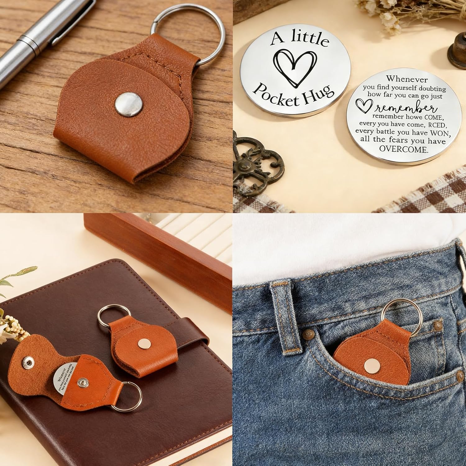 MATIHAY Pocket Hug Token Inspirational Gift Leather Keychain for Men Women Boyfriend Girlfriend Dad Mom Son Daughter Brother