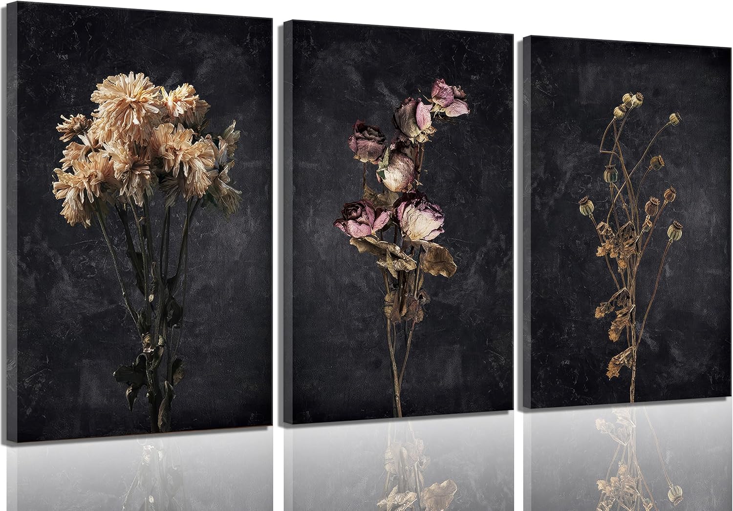 3Pcs Dark Floral Canvas wall art Moody Dried Wildflower Posters Pictures Wall Decor Nature Wilderness Botanical Paintings Abstract Prints for Living Room Bedroom Office Modern Farmhouse Home Artwork