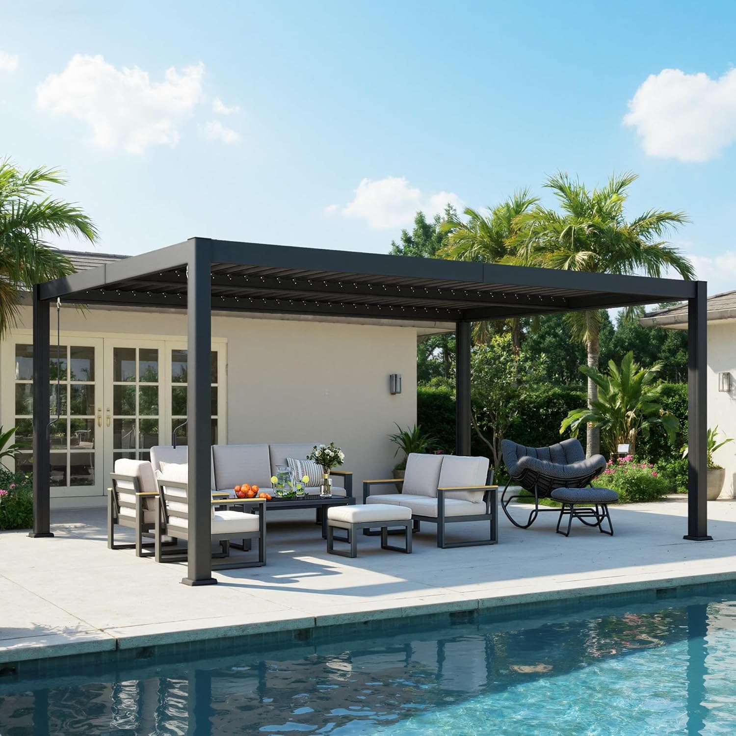 Louvered Pergola, 12' x 16' Outdoor Pergola, Metal Patio Gazebo with Adjustable Louvers Roof and Gutter System, Metal Hardtop Gazebo for Patio, Backyard, Deck, Garden, Dark Gray