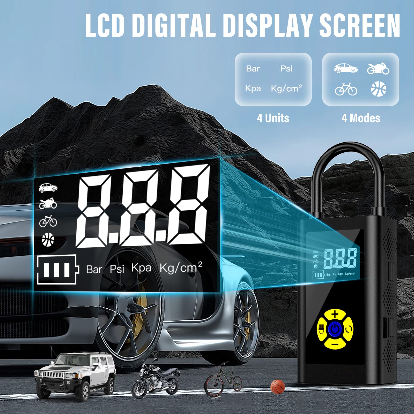 Sunlary Compressore Aria Portatile, Mini Compressore Portatile, Pompa Elettrica Per Bicicletta Con Luce USB/LED Max 150PSI Compressore Aria Portatile Ricaricabile Per Auto, Bici, Moto, Palla