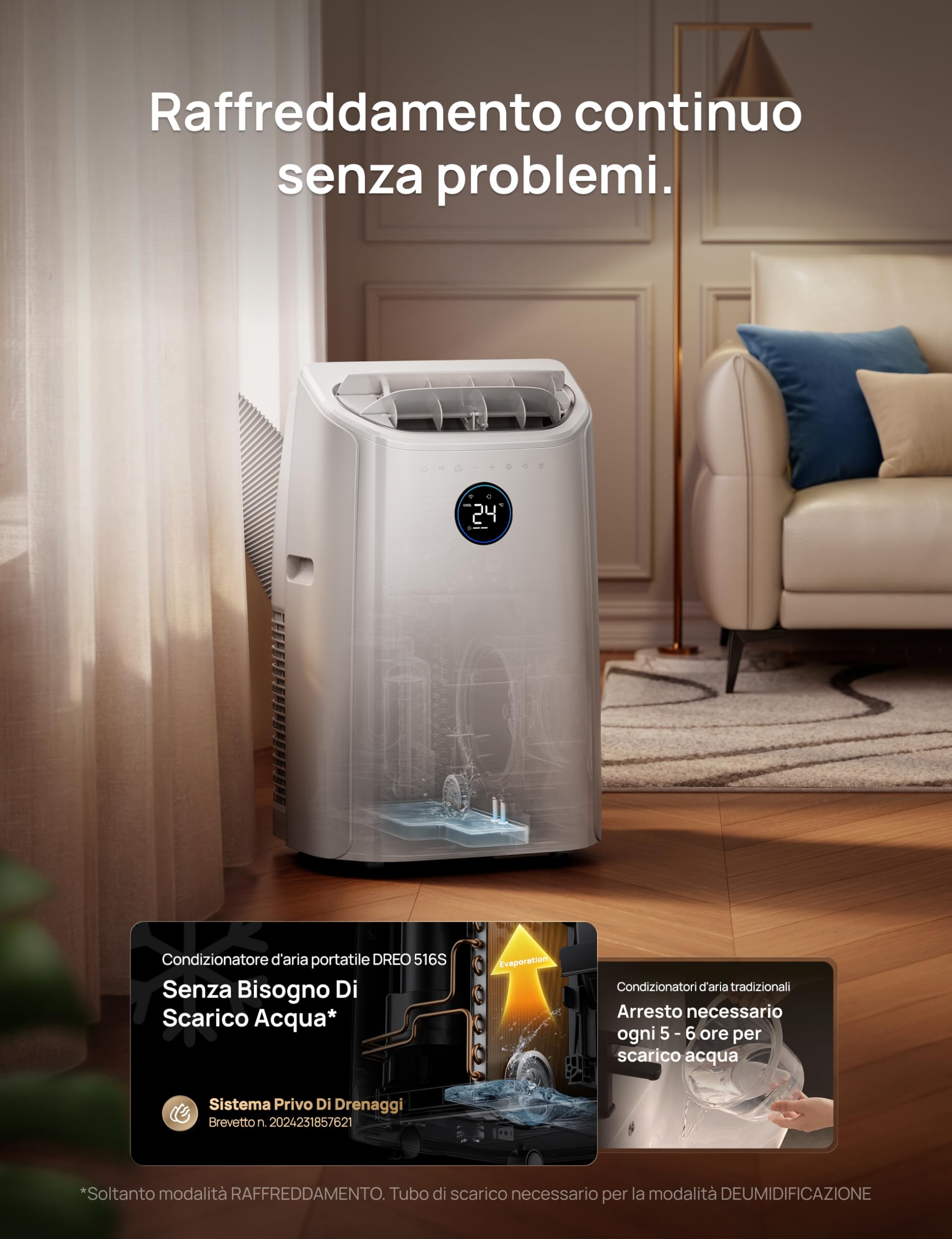 DREO climatizzatore portatile 12000 BTU 3-in-1 raffreddamento/ventilazione/deumidificazione, silenzioso per camera e ufficio, controllo app e vocale, senza drenaggio, kit finestra, 3,2 L/h, AC516S