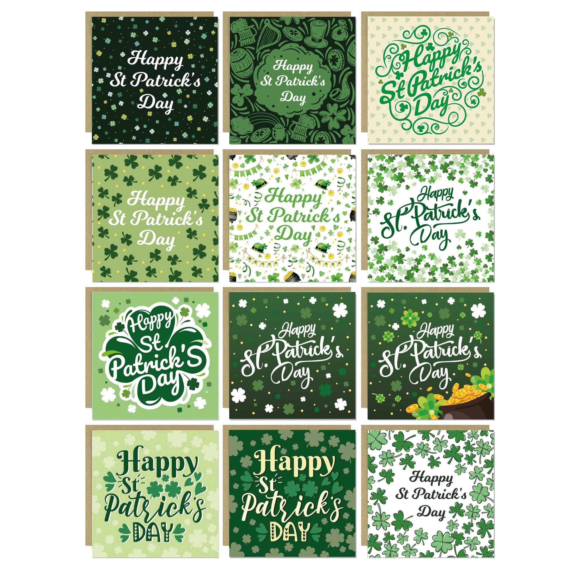 St Patricks Day Cards Pack of 12 Greetings Card Multipack, Happy St Patrick's Day For Friends and Family, 145x145mm With Envelopes, St Paddys Irish Day