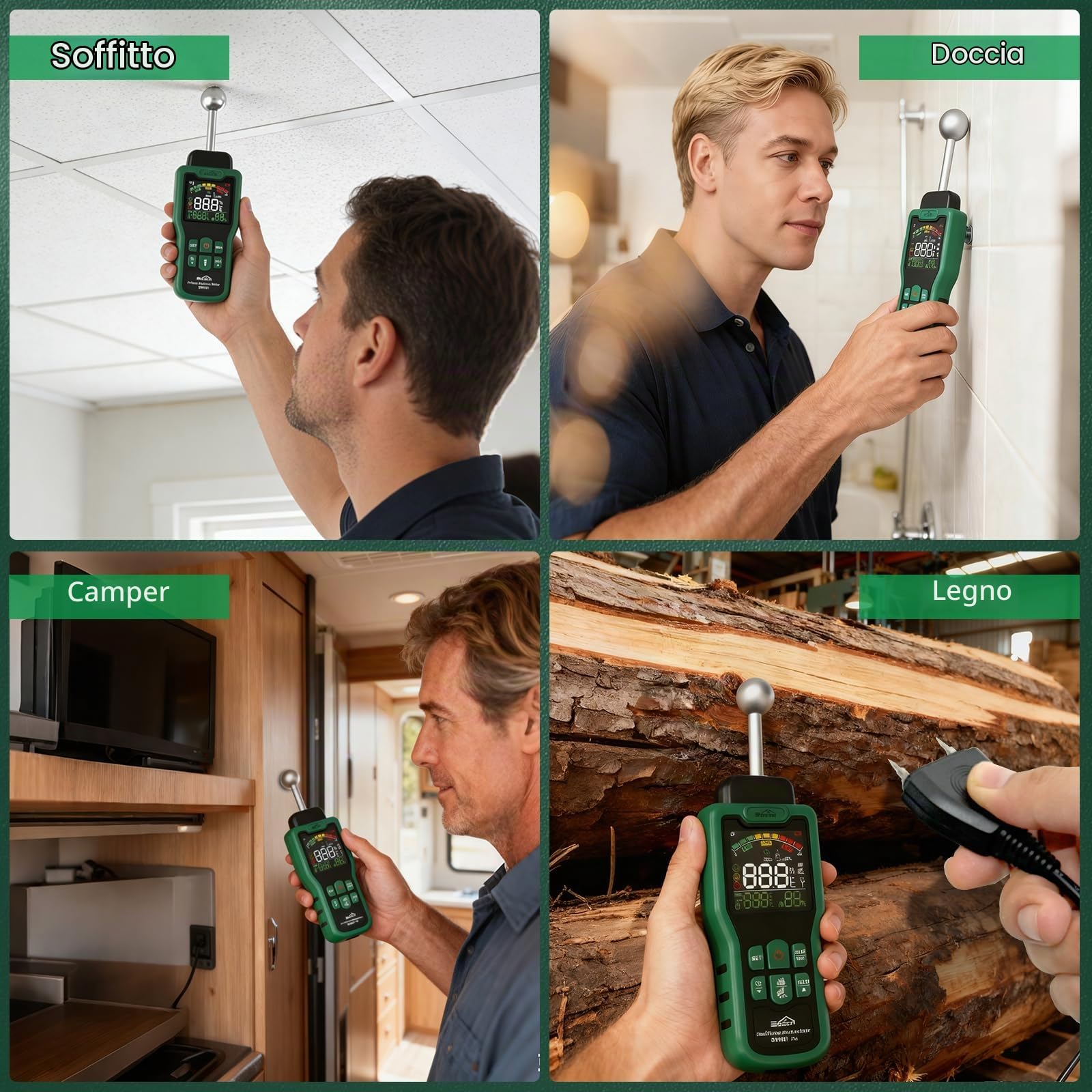 Misuratore Umidità SQECH con Sensore a Sonda, Termometro | Igrometro Multifunzionale con LCD a colori, Allarme, per Muri, Legno, Camper