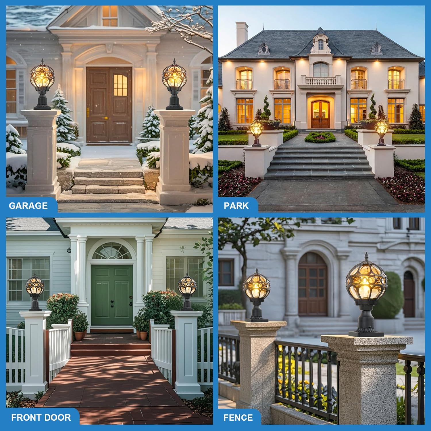 Outdoor Lamp Post Lights, Aluminum Rust-Proof Globe Post Light for Porch Front Door Driveway Lawn Garden, Black Sphere Exterior Pillar Post Light, Hardwired 3" Pier Mount Post Lantern