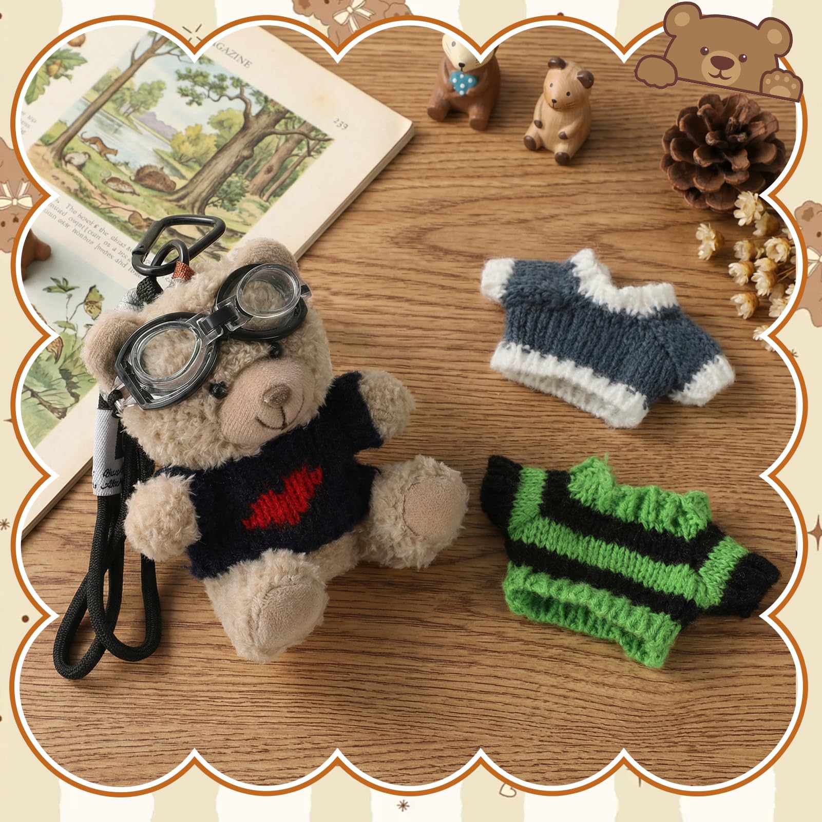 MWOOT Llaveros peluche oso, oso peluche para vestir con 3 conjuntos ropa, llaveros con colgante animal, bonitos adornos para bolsos, manualidades para regalar a mujeres, marrón - 5