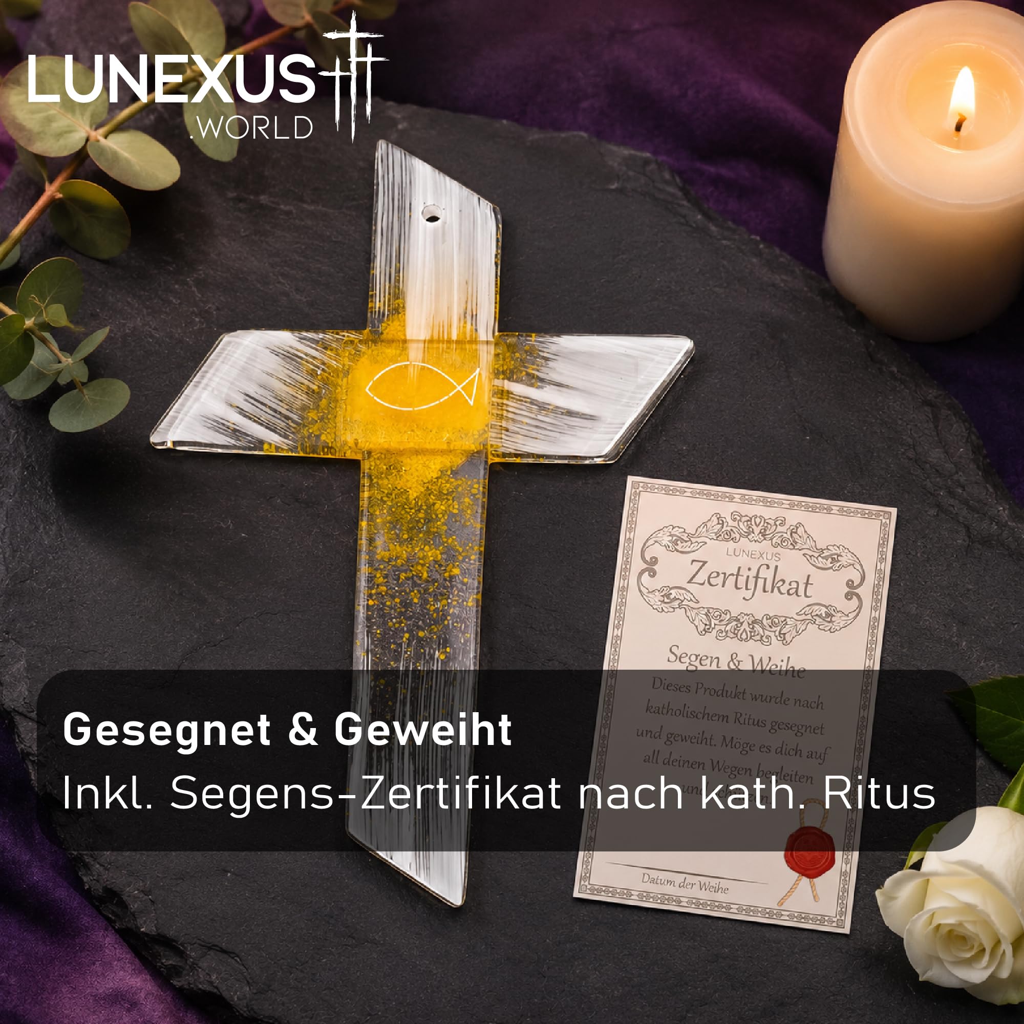 Lunexus Krzyż Ścienny ze Szkła Kryształowego 22x15 cm, Biało-Żółto-Złoty