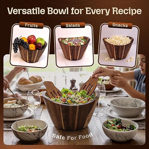 Miniatura 6 de Juego de ensaladera grande de madera de acacia con manos para servir, cuenco de madera para mezclar frutas, pasta, cereales, 11 pulgadas de