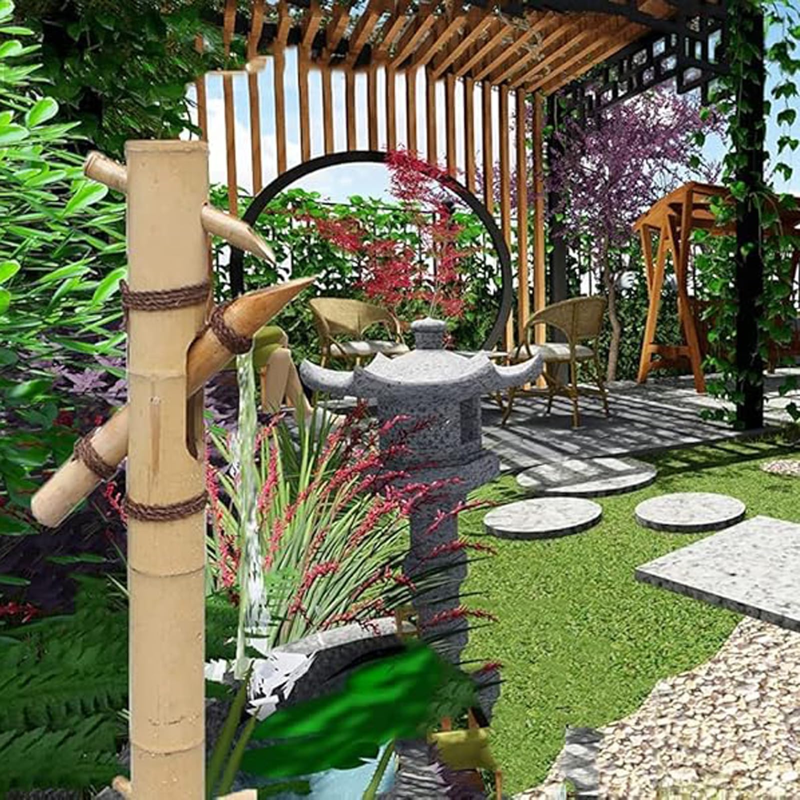 Fontana Zen in bambù con Pompa, Elemento d'Acqua autoportante per Giardino, laghetto, Acquario, Patio, Prato, Decorazione paesaggistica Interna ed Esterna.,