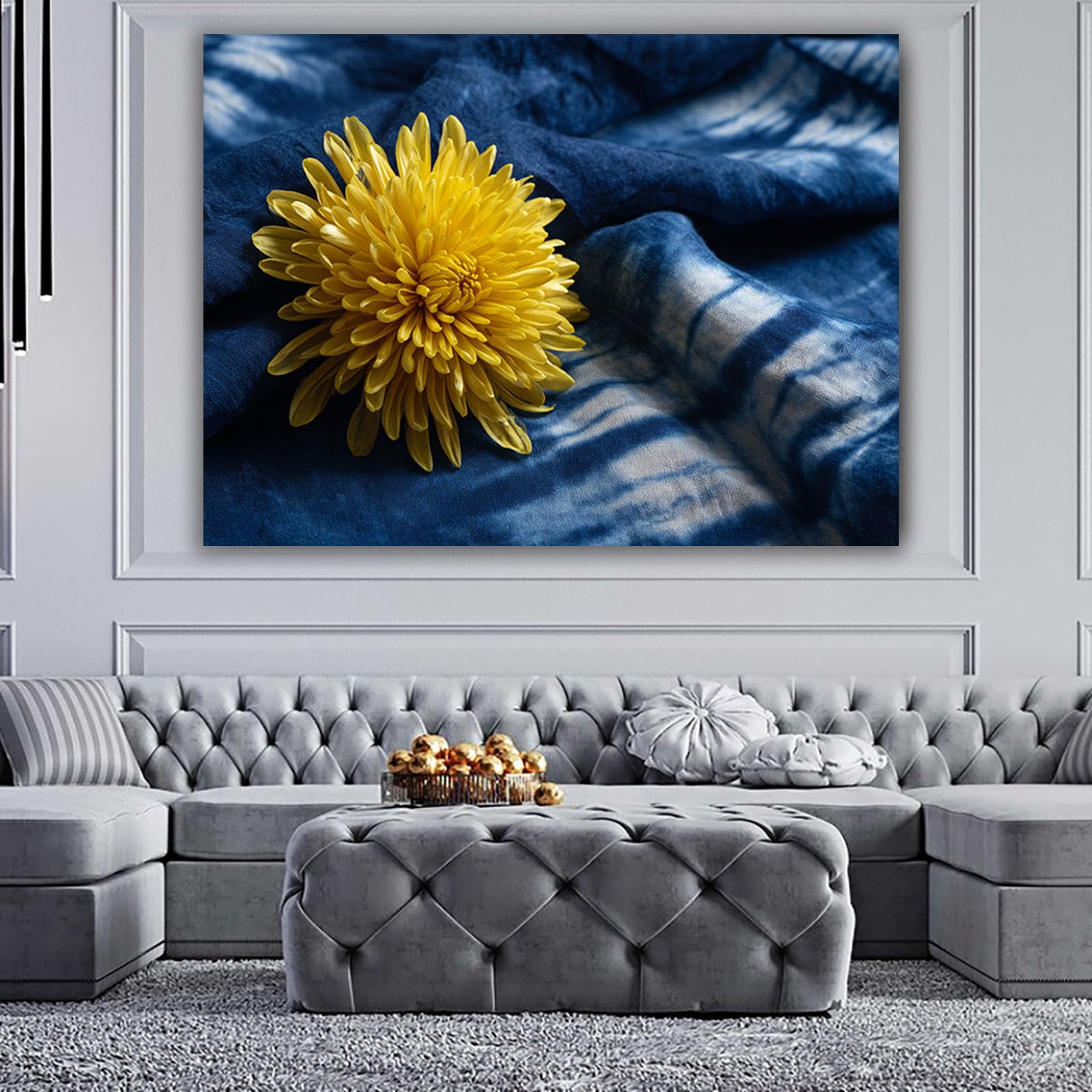 ZAMAEIU Semplice arte botanica Stampe su Canvas Crisantemo tinto in stoffa blu per Camera da Letto Agriturismo Soggiorno Bagno(Giallo)-50x70cm Incorniciato
