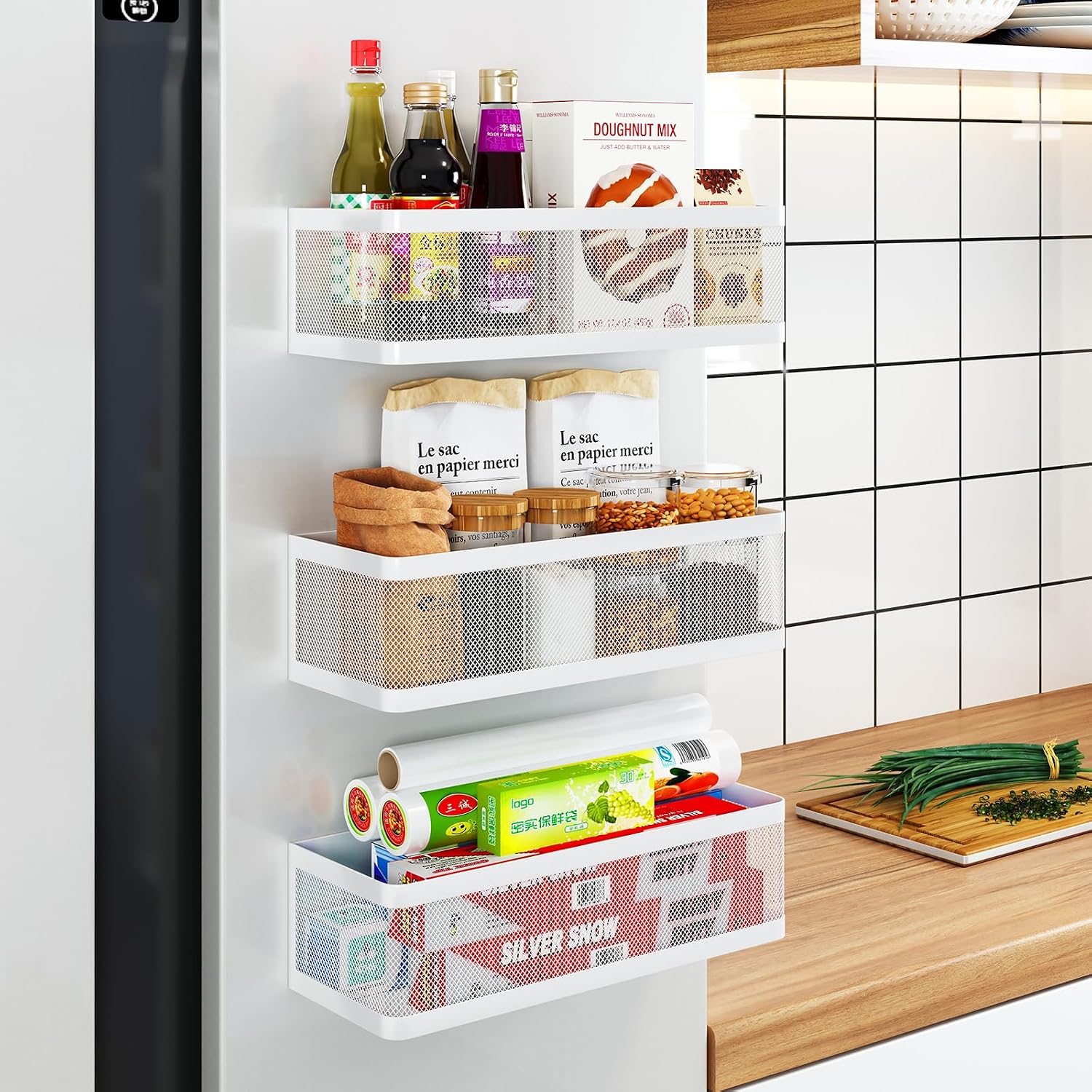 3 Pack Magnetic Spice Rack for Refrigerator, Heavy Duty White Metal Fridge Organizers & Storage Baskets, Multi-use Magnetic Shelves for Kitchen Organization, Pantry, Laundry Room & Bathroom Storage