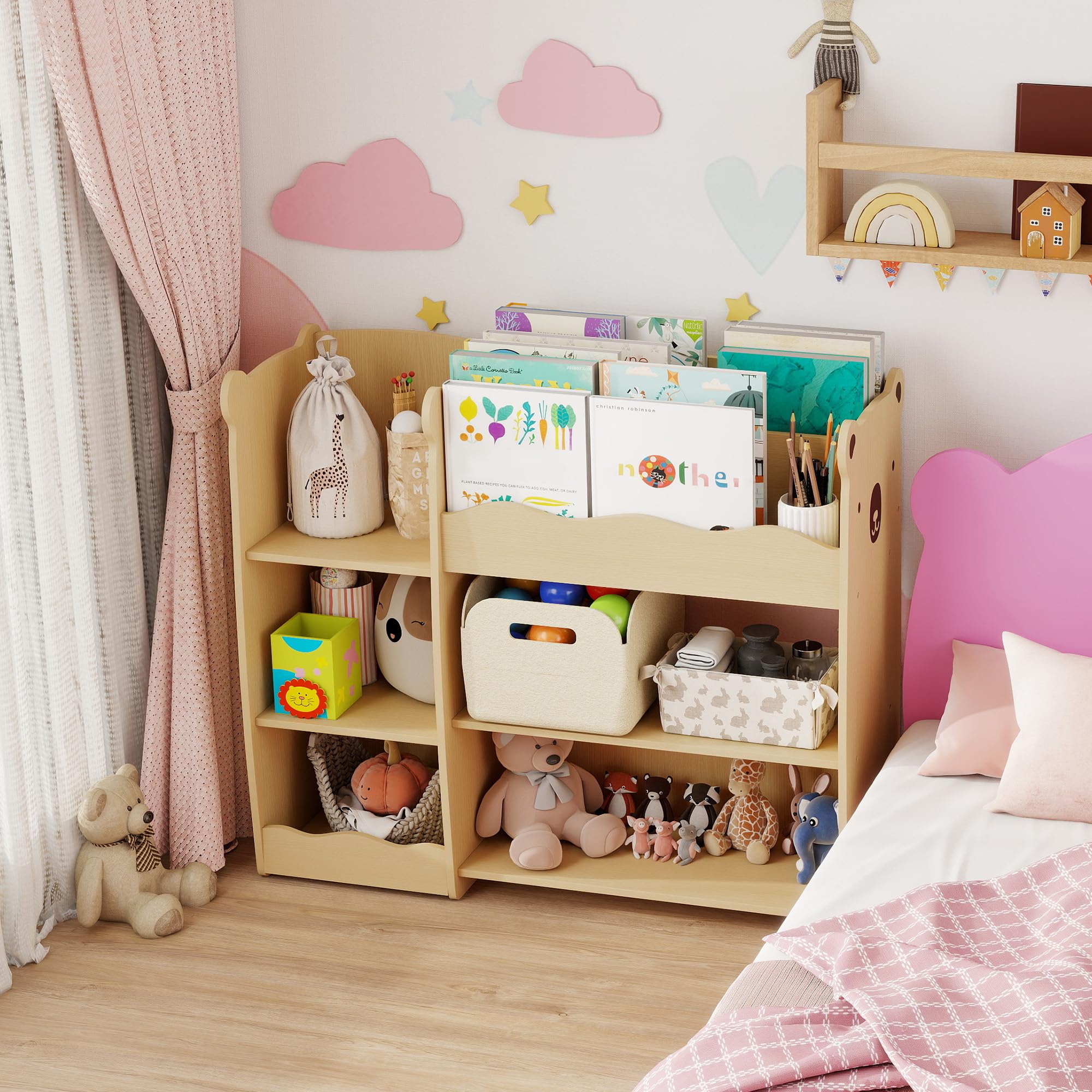AIYAPLAY Meuble Rangement Enfant à 3 Niveaux, étagère de Rangement pour Jouets Enfants avec étagères Ouvertes, pour Chambre, crèche, Salle de Jeux, Bois Naturel