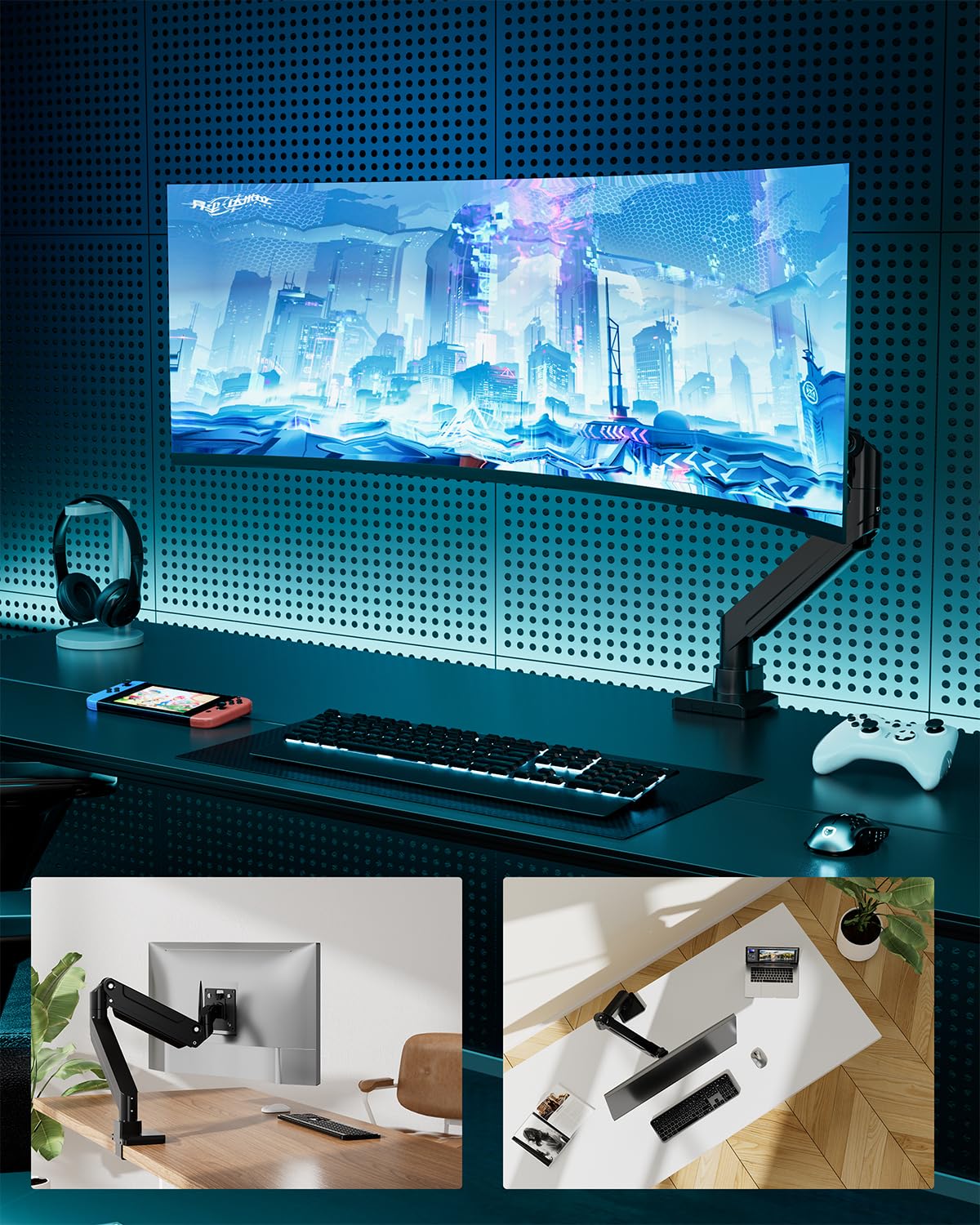 Supporto per monitor EP Gear da 17-49 pollici per schermi fino a 20 kg, braccio per monitor curvo ultrawide per impieghi gravosi, supporto per scrivania singolo regolabile, VESA 75x75 mm/100x100 mm