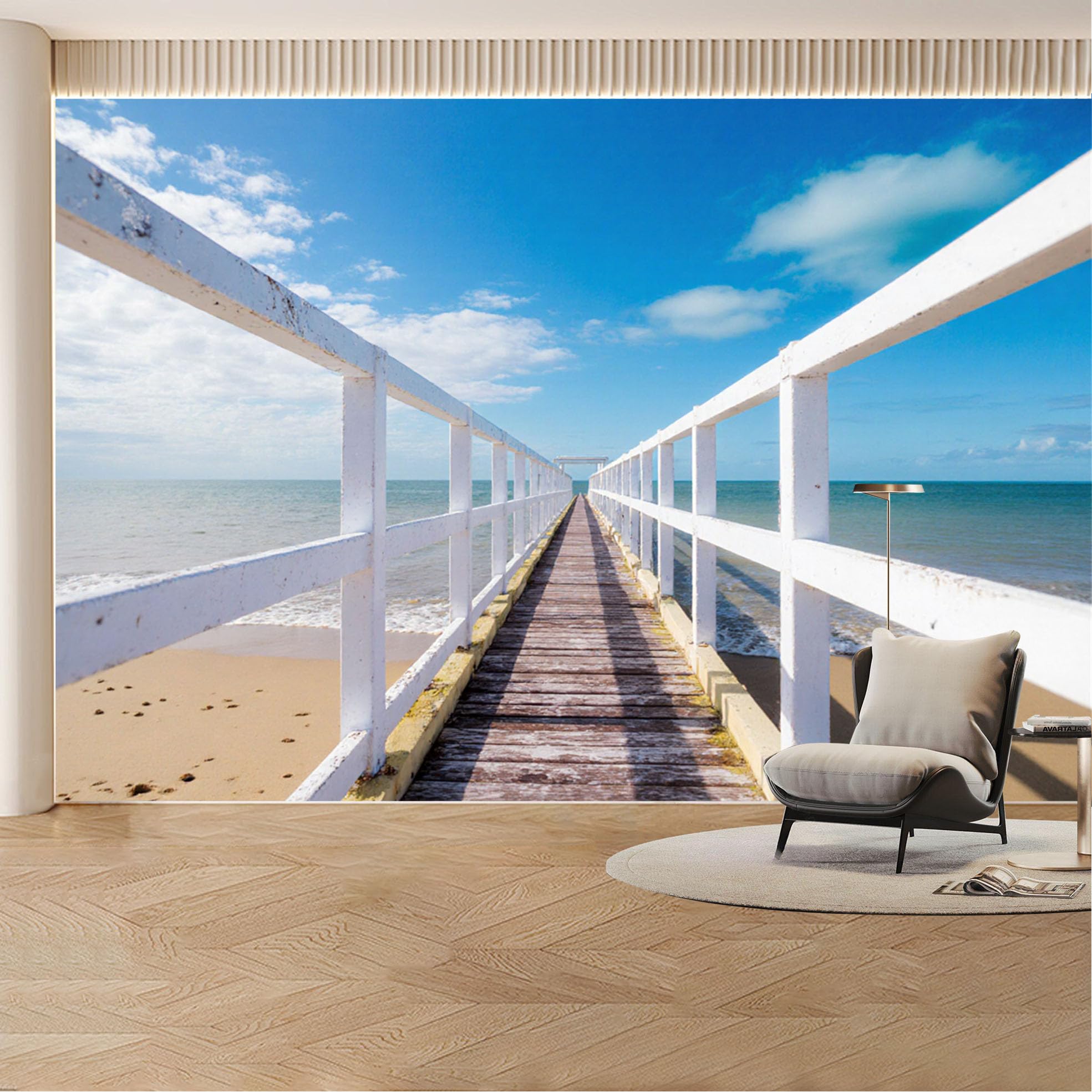 Custom Wall Mural Wallpaper Ocean Pier， Landscape， Nature， 3D Effect， Wall Decor， Tropical， Sunny Removable SelfAdhesive Large Photo for Living Room， Bedroom， Office