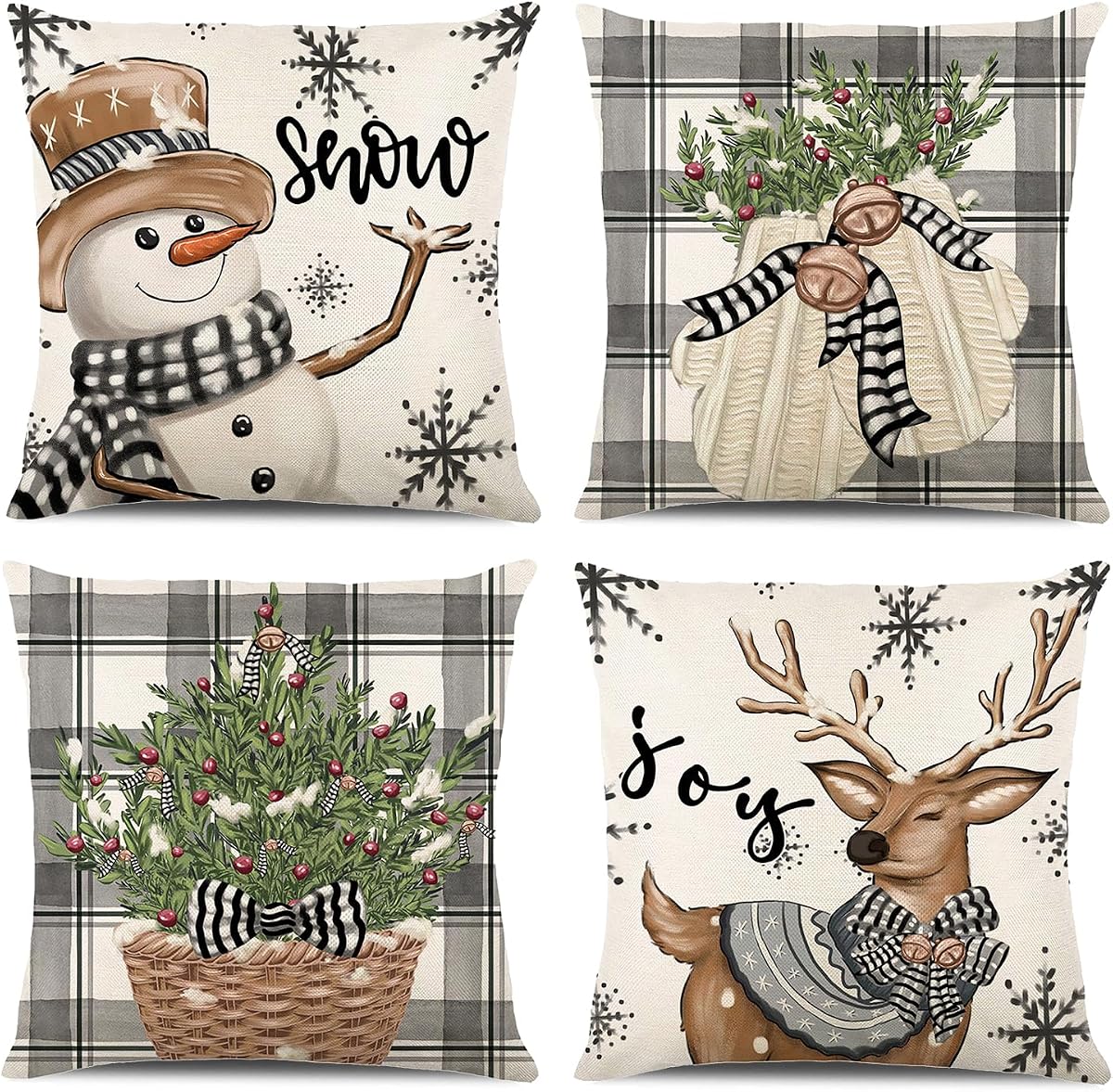 ONFAON Decoraciones navideñas – Fundas de almohada navideñas de 18 x 18, juego de 4, decoración navideña para el hogar, sofá, sofá, decoración interior