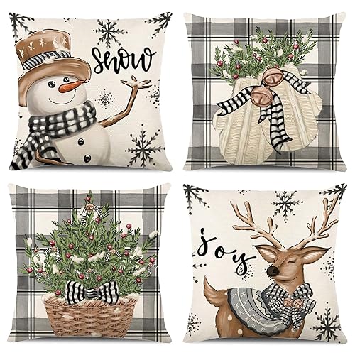 ONFAON Christmas Decorations - Christmas Pillow Covers 18x18 Set of 4, Holiday Christmas Decor Home Sofa Couch Cushion Indoor Decorations