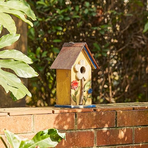 Miniatura 103 de Glitzhome Casas para pájaros para exteriores, casa de pájaros de madera maciza envejecida de gran tamaño de 15 pulgadas de largo con flores 3D