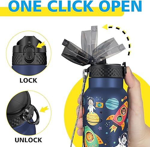 Miniatura 4 de Han's Bottle Botella de agua para niños con tapa con pajilla, vaso reutilizable de acero inoxidable aislado para niñas, niños, taza térmica, 17