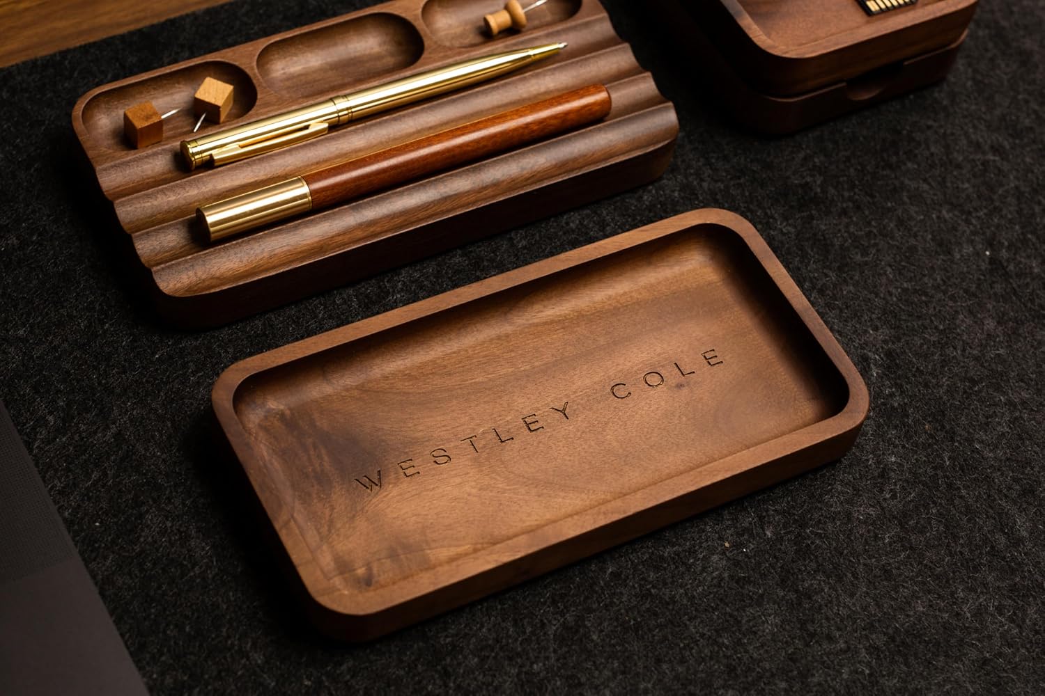 MUUJEE Engraved Wooden Desk Organization 4 Piece Set - for Desk Accessories Work Professional Office Teacher Dad Wood Tray Rustic Minimalist Organizer Pens Pencils Sticky Notes
