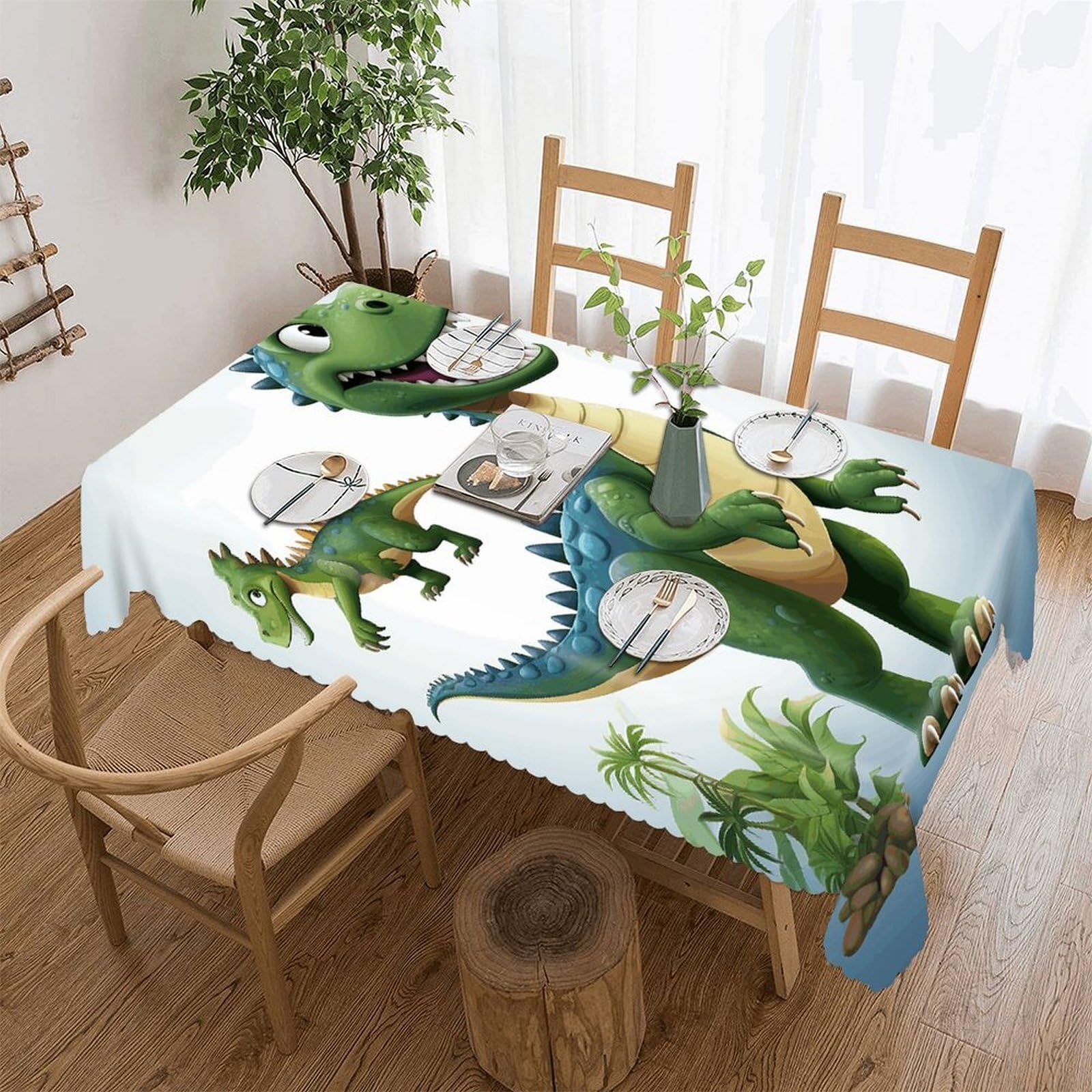 FekiLoot Cartoon Dinosaur Images Tablecloths for Rectangle Tables Wipeable Spillproof Polyester Table Cloth Wrinkle Free Farmhouse Dining Tables Cover Elegant Vintage Decor Tablecover