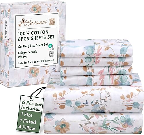 Miniatura 9 de RUVANTI - Juego de 6 sábanas de algodón - Sábanas de percal crujiente 100% de algodón natural, suaves, ligeras y transpirables, juego de sábanas de