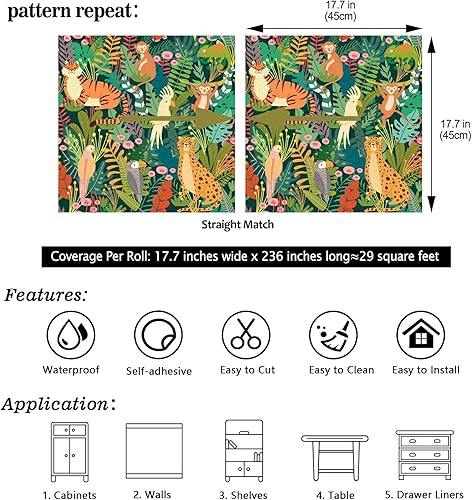 Miniatura 8 de CHIHUT Divertido papel tapiz tropical para despegar y pegar para niños, retro, selva, leopardo, pájaro, animal, colorido, autoadhesivo, extraíble,