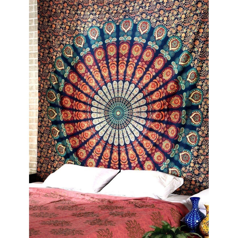 Om Export Peacock Wing Indian Mandala Bohemian Art Hippie Wall Hanging Bedspread Bedcover Beach Throw Blanket Room Dorm Bedsheet Outdoor Picnic Yoga Mat Tapestry (Navy Blue, Queen (90x84 Inches))