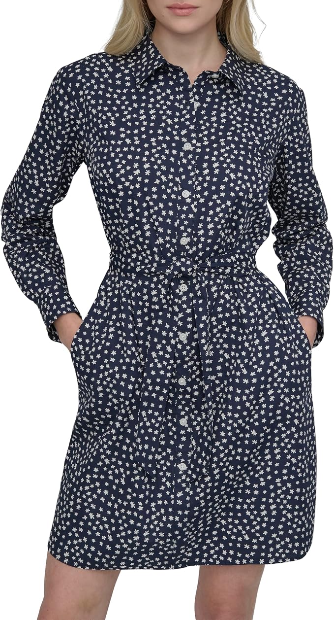DKNY womens Long Sleeve Collared Tie Fit & Flare Mini Dress Dress