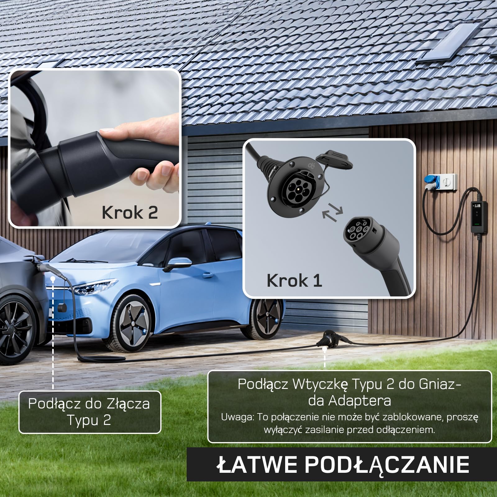 dé Przedłużacz typu 2 [10 m, 7,4 kW, 32 A] 1-fazowy kabel do ładowania 230 V, stopień ochrony IP54, kompatybilny ze wszystkimi IEC62196-2 BEV i HPEV, z torbą do przenoszenia
