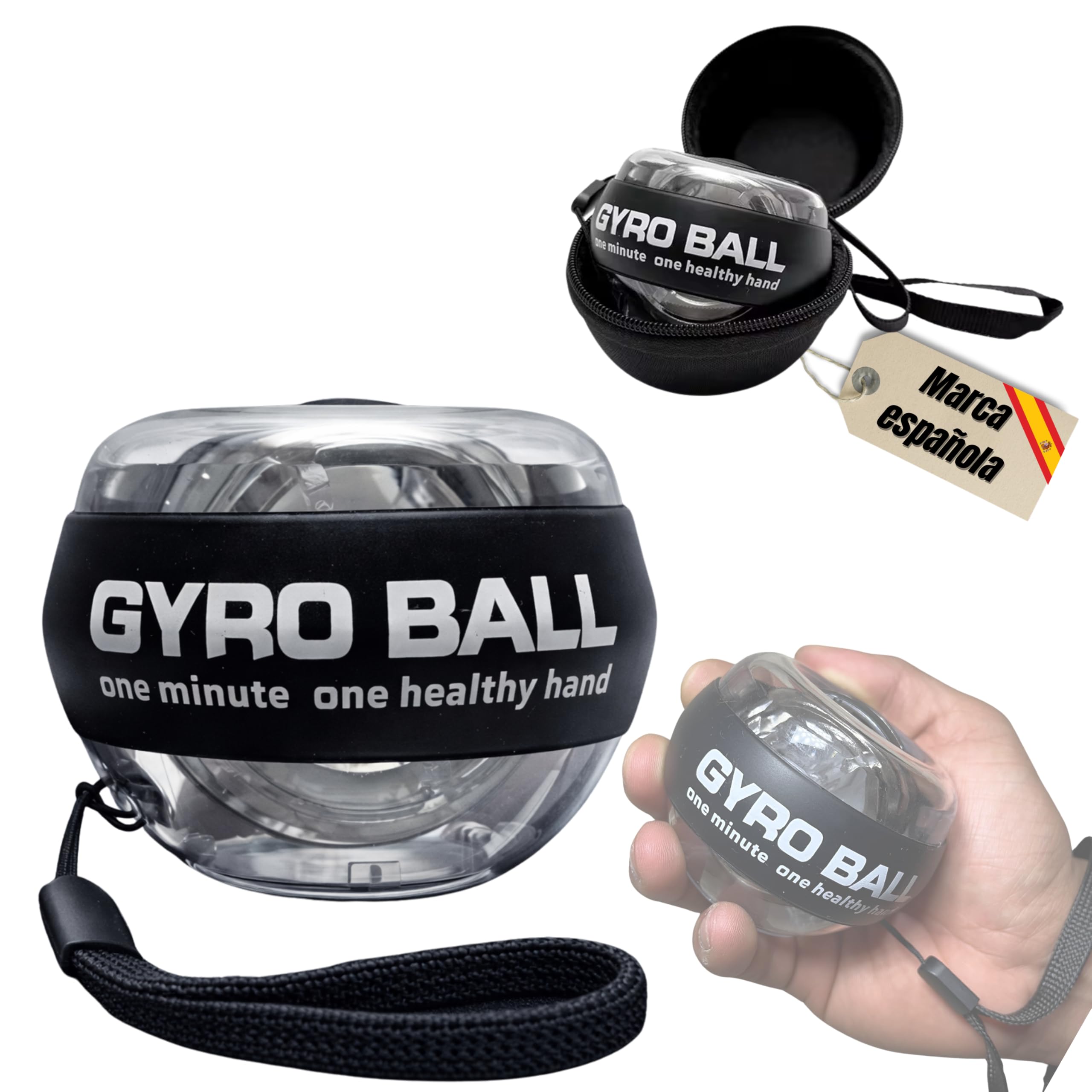 Giroscopio de Mano para Fortalecer Muñeca y Antebrazo PREMIUM PMR SHOP® | Gyro Ball con Inicio Automático y Correa | Ejercitador de Mano Compacto con Funda y Manual