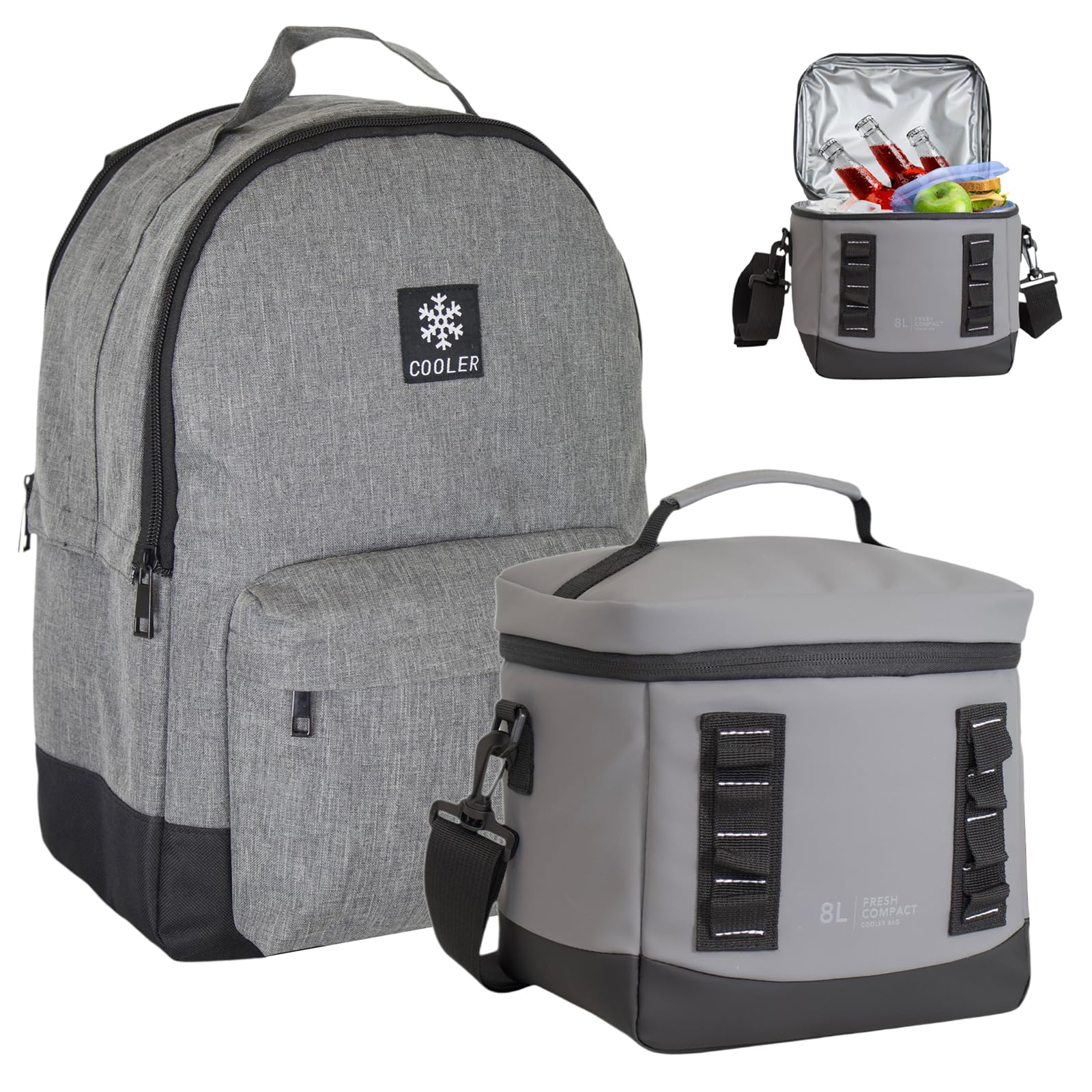 Cooler Backpack Insulated Lunch Bag – Leakproof, Water Resistant, Large Capacity Cool Bag for Work, Travel, Picnic, Beach – Thermal Backpack with Pockets & Bottle Holder, 28x15x39cm - Grey -