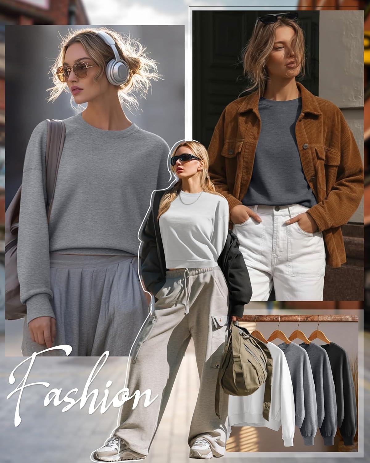 4 Pack Womens Long Sleeve Cropped Sweatshirts Crew Neck Loose Fit Pullover Thermal Tops - Image 2