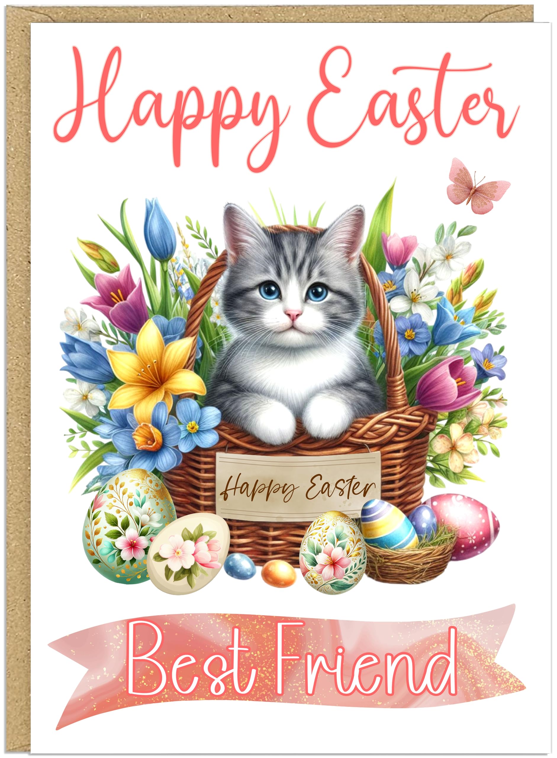 Custom Happy Easter Card with Adorable Cats in a Basket - Personalised Add Own Name for Cat Lovers Grandma Nanna Mummy - A5 Happy Easter Greeting Cards (Design 7)