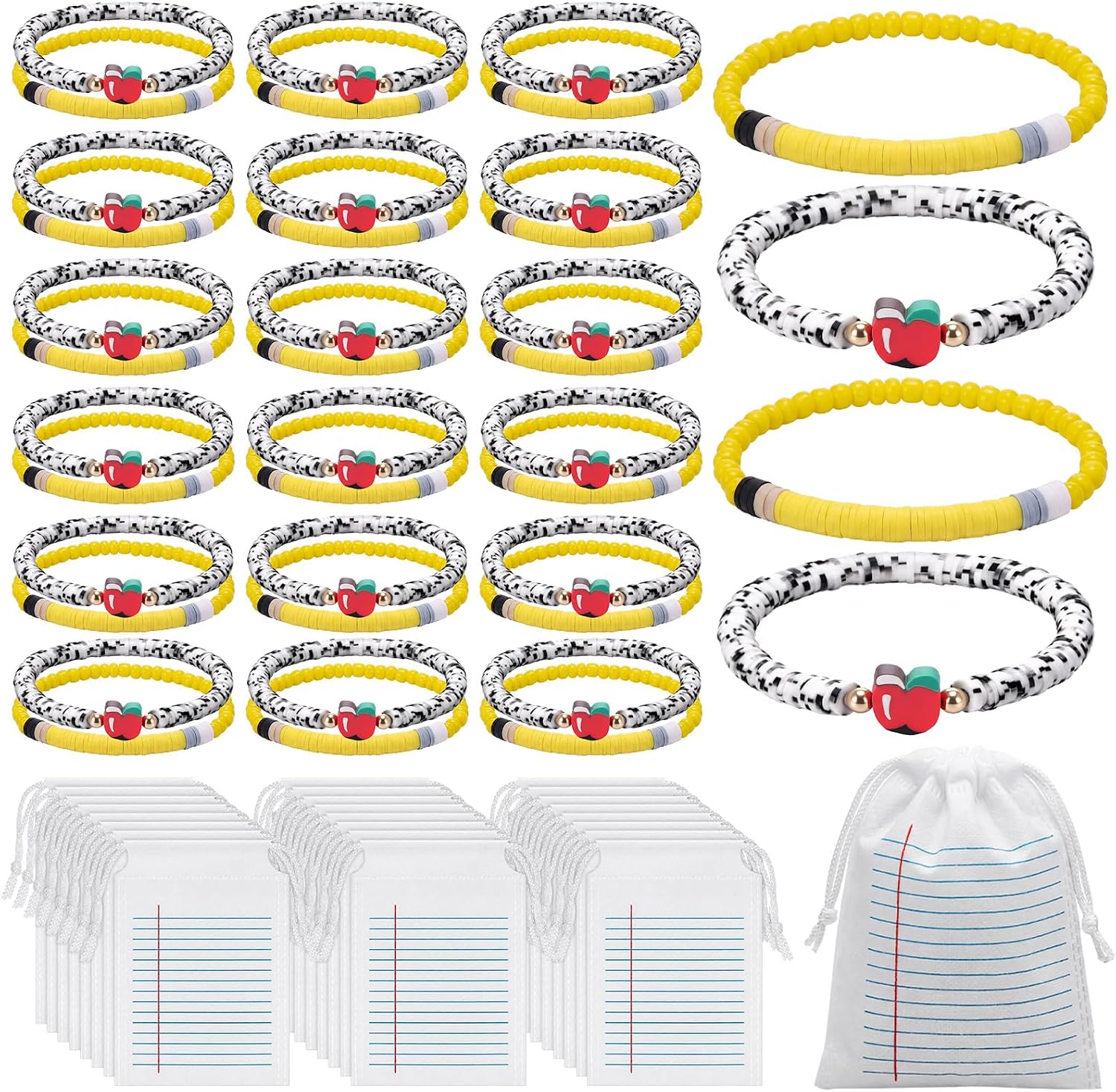48 Pcs / 24 Set Back to School Bracelet Gift Bulk Bags for Teacher | Teacher Apple Pencils Composition Clay Beaded Bracelet, First Day of School for Teachers, Thank You Gifts from Student Friend