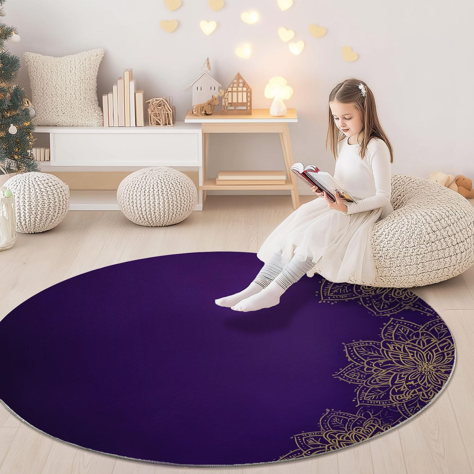 Teppich Wohnzimmer Rund 120 cm Teppich Schlafzimmer Gold Lila Kurzflor Wohnzimmerteppich Linien Mandala Blumen Waschbar rutschfest Rund für Wohnzimmer Schlafzimmer Esszimmer