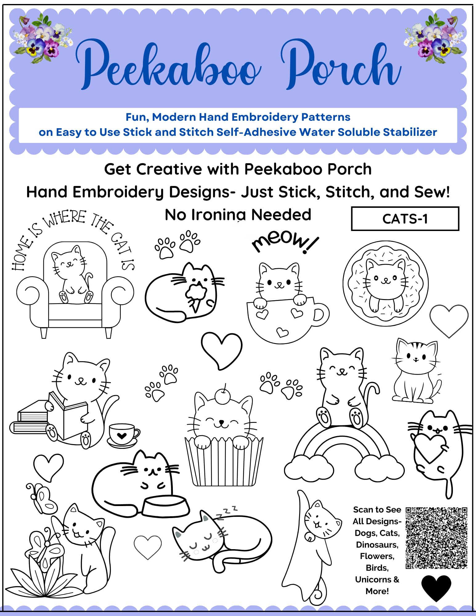 Cat Embroidery Patterns Kit - 24 Pc Fun Modern Peekaboo Porch Embroidery Design Transfers on Sulky Stick n Stitch Self Adhesive Wash Away Stabilizer for Beginners and Adults Hand Embroidery Sewing