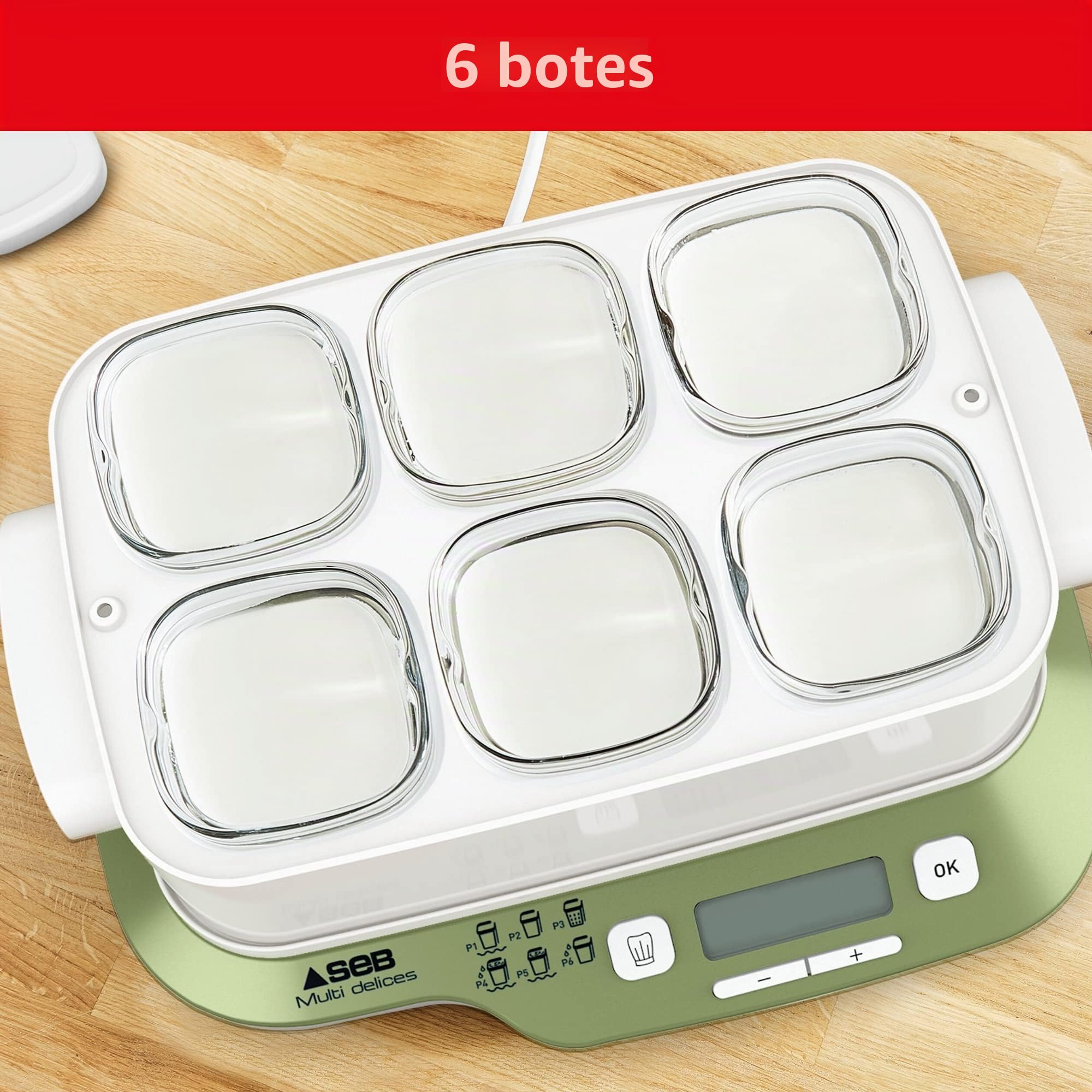 Seb Multi Delices Express Vegetal Yogurtera 6 tarros de vidrio 140 ml, libre de BPA, 6 programas, programa expreso, fabricado en Francia YG660A11